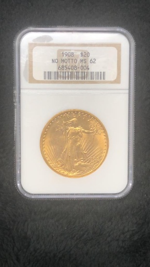 1908 "No Motto" St. Gaudens Gold $20 Coin-
