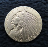 1914 $5 Gold Indian Head Half Eagle Coin-