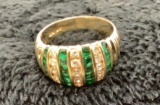 14Kt Yellow Gold Ring Set W Emeralds and Diamonds-