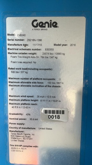 16 Genie Articulating Boom Lift Z 62 40 4x4 Heavy Construction Equipment Lifts Articulating Boom Lifts Online Auctions Proxibid