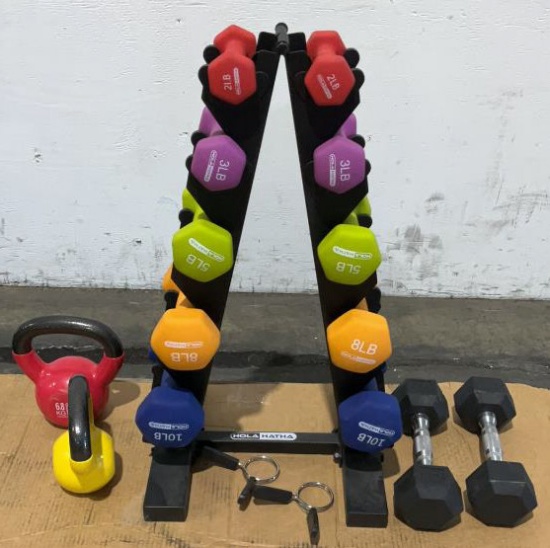 Dumbbells, Kettle Bells & Rack