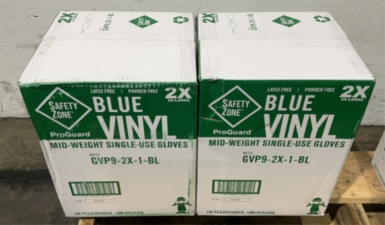 (2) Safety Zone 1000ct 2XL Vinyl Gloves