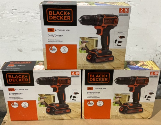 (3) Black & Decker 20V 3/8" Drill/Driver