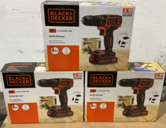 (3) Black & Decker 20V 3/8" Drill/Driver