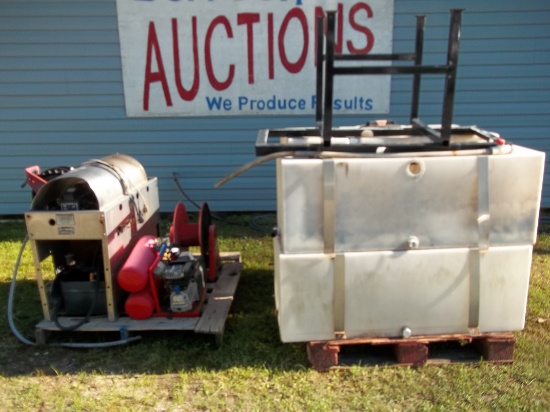 Lot on 2 Pallets of Pressure Washer, Compressor, Tanks, Reel