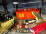 Lot of Various Tools: Spackle knife, trowel, hitch, flashlight, hammer, 4-way, hand tools, caulk gun