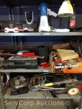 Lot on 3 Shelves (F3/F4/F5): Radio, lamp, fan, bull horn, lava light, drum mics, conductor stand,