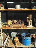 Lot on 5 Shelves of Electrical Boxes, Marking Wand, Hydraulic Pumps, Receiver Balls, Welding Clamps,
