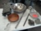 Lot of stainless bowl, fry pan, mixer paddels, oven mits, baking pan, hand press