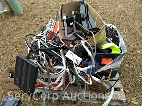 Lot on Pallet of interior light bars, jumper cables, air compressors, etc.