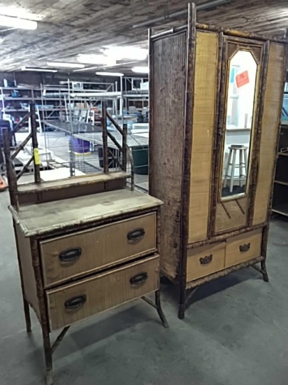 Lot of 2 bamboo hutch 6' & 2-drawer bamboo vanity dresser