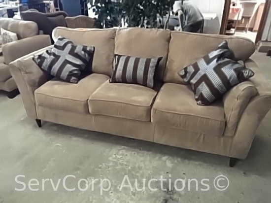 91" Tan sofa with 3 throw pillows