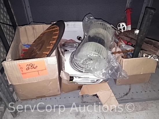 Lot on shelf of dishwasher supply lines, hammers, drill bits, paint roller, cut off braces, etc.
