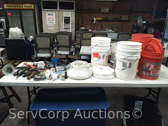 Lot of various hand tools, PVC fittings, electrical fittings, 5-gallon buckets with lids, etc.