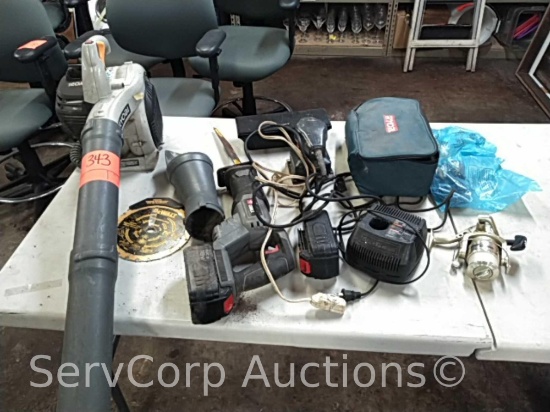 Lot of Ryobi leaf blower, Reciprocating saw, 2 palm sanders, shock wave reel