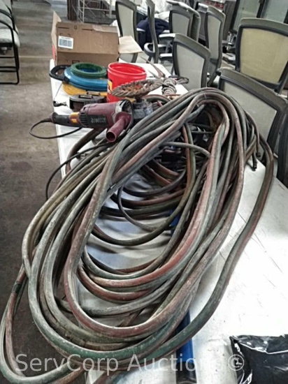 Lot of various breakers, electric fish tape, pole saw, drill bits, torch hoses, 7" angle grinder