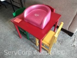 Lot of child's table, 3 chairs & Baby Smart Cooshee, Hula Hoops