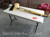 Lot of 4' folding table, broom, 2 mops & duster