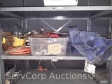 Lot on shelf of pump hose, various hand tools, drill bits, sand paper, funnels, voltage meter, etc.