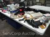 Goody lot of paper cutter, CD's, books, phone chargers, bath mat, napkins, bucket, coffee pots, etc