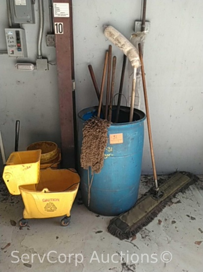 Lot of mop bucket, mops, dust brooms