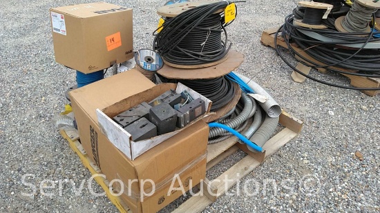 Lot on Pallet of various casting molds, convoluted tubing, flex conduit, spools of wire: 20AWG Coax,