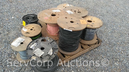 Lot on Pallet of various spools of wire: CAT 5E, 3/C #20, CAT6 24AWG, CAT 6E 23AWG, TFC, T10,