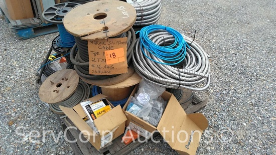 Lot on Pallet of various flex conduit, rapid barrier glands, cable locks, spools of wire: 16AWG type