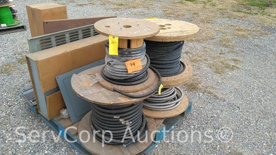 Lot on Pallet of panel doors, electrical boxes, spools of wire: Okonite 4/PR/16AWG, 14AWG, 4/3 Metal