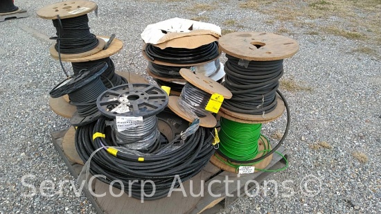 Lot on Pallet of various spools of hoses & spools of wire: 14AWG, 6AWG, general cable, CAT 5, 22AWG
