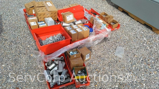 Lot on Pallet of various conduit fittings, B-Line brackets, tap bolts, jack chains, flex connectors,