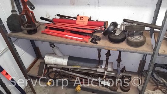 Lot on 2 Shelves of Pipe Cutter, Emergency Reflectors, Casters, Test Equipment