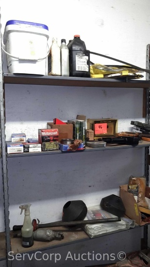 Lot on 3 Shelves of Measuring Tape, Staple Guns, Auto Parts, Welding Apron, Welding Curtain