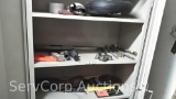 Lot on 3 Shelves: Saw Blades, Grinding Wheels, Small Pipe Benders, Wheel Barrow Tire, Kneed Pads,