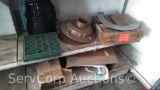 Lot on Shelf of Various Drain Covers, Toilet Tank, Adjustable Drain Top, Air Tank