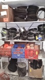 Lot on 4 Shelves of Various Pipe Couplings, Rubber Gaskets, Slip-on Plastic Caps, Test Balls