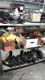 Lot on 3 Shelves of Various Rough-in Plugs, Floor Drains, Pressure Gauges, Galvanized Pipe,