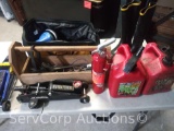 Lot on Shelf - Various Hand Tools, Floor Jacks, Buffer, Gas Cans, Rubber Boots, Fire Extinguisher