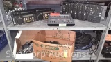 Lot on 2 Shelves - 2 PCDJ, 2 RANE MP25 Club Mixers, Lightronics TL-3012, Various Cables/Wires,