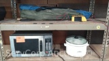 Lot on 2 Shelves - Microwave, Crock Pot, Hand Saw, Power Inverter, Machette, 2 Folding Chairs