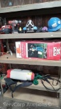 Lot on 3 Shelves - Pump Sprayer, Weed Eater, Floor Jack, Hard Hat, Jump Box, Cordless Drills