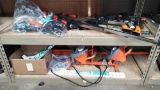 Lot on 2 Shelves of Various Vise Clamps, Straps, Mallet, Knife, 12