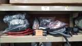 Lot on Shelf of Various Protective Wire Wrap, Jumper Cables, Slow Chargers, Cigarette Lighter