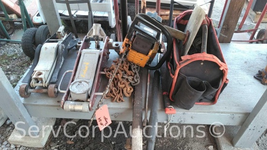 Lot on Shelf: Tool Bag, Chains, Floor Jacks, Chain Saw, Pressure Washer Wands