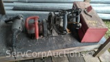 Lot on Shelf: Tool Box, Various Saws & Angle Grinder