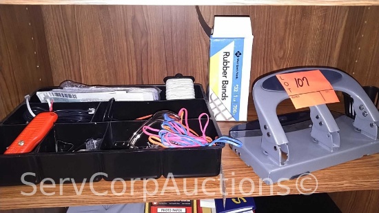 Lot on Shelf of Various Rubber Bands, Hole Punches, Tray Organizer
