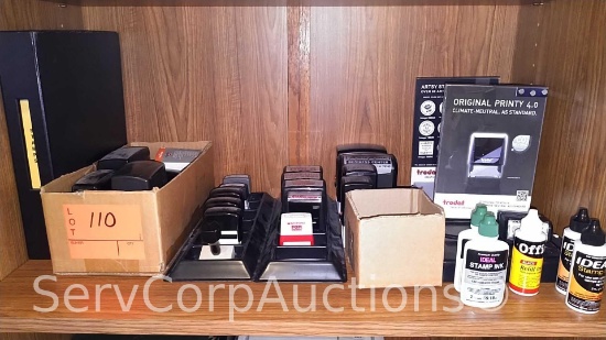 Lot on Shelf of Various Type Stamps & Stamp Refill Ink