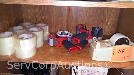 Lot on Shelf of Various Box Tape Dispensers, Box Tape