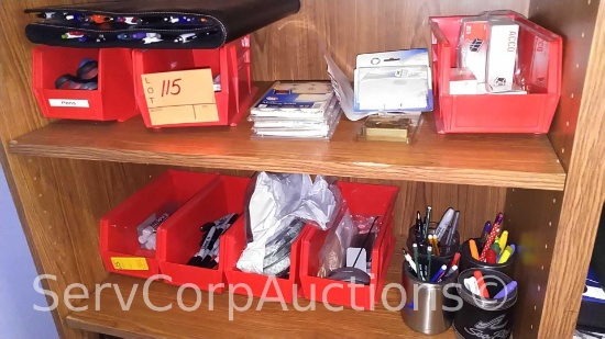 Lot on 2 Shelves of Scissors, Binder Clips, Rolodex Cards, Markers, Pens, Mailing Seals