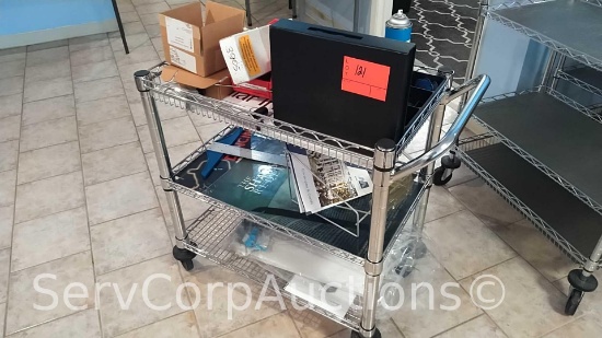 Lot of 30" Utility Cart with Contents: Organizer, Sample Box, Display Dispenser, T-Square,
